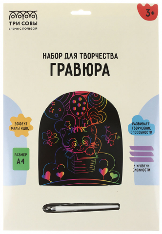 Набор для творчества «Гравюра. Три совы» А4 «Котик в коробке», с эффектом мультицвета