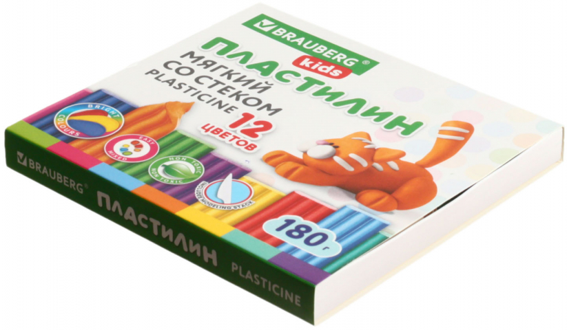 Пластилин восковой мягкий Brauberg Kids 12 цветов, 180 г, со стекой