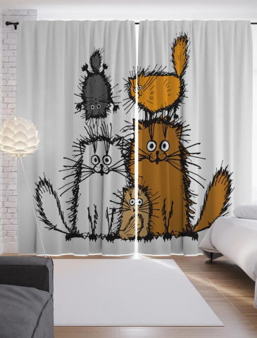 Набор штор с фотопечатью Joy Textile (сатен), 2 шторы, общий размер 290*265 см, «Семейство котов»