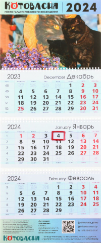 Календарь настенный трехрядный на 2024 год «Котовасия», 29,5*72 см, «Хранители Котовасии — Негро»