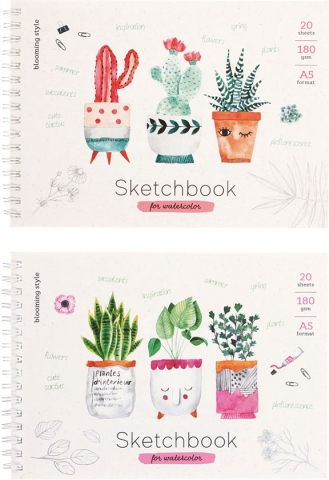 Скетчбук-блокнот для акварели на гребне ArtSpace, 200*143 мм, 20 л., Cute plants, ассорти Скетчбук-блокнот для акварели на гребне ArtSpace, 200*143 мм, 20 л., Cute plants, ассорти