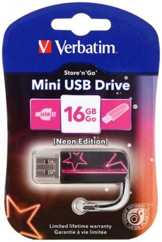 Флэш-накопитель Verbatim Mini Neon Edition, 16Gb, корпус черный с розовым