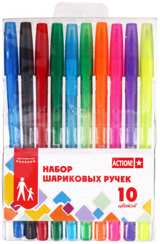 Набор шариковых ручек одноразовых Action!, 10 шт., 10 цв. Набор шариковых ручек одноразовых Action!, 10 шт., 10 цв.