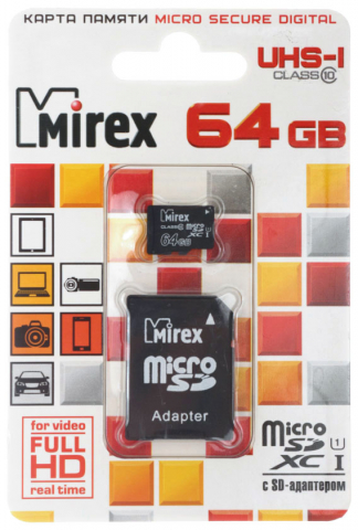 Карта памяти micro Mirex class 10, micro SDНС, class 10, 64 Gb + переходник на SD