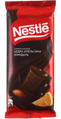 Шоколад Nestle, 82 г, темный с цедрой апельсина и миндалем Шоколад Nestle, 82 г, темный с цедрой апельсина и миндалем