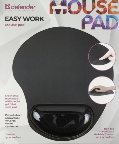 Коврик для мыши Defender Easy Work, 260*225*5 мм, с гелевой подушкой, черный Коврик для мыши Defender Easy Work, 260*225*5 мм, с гелевой подушкой, черный