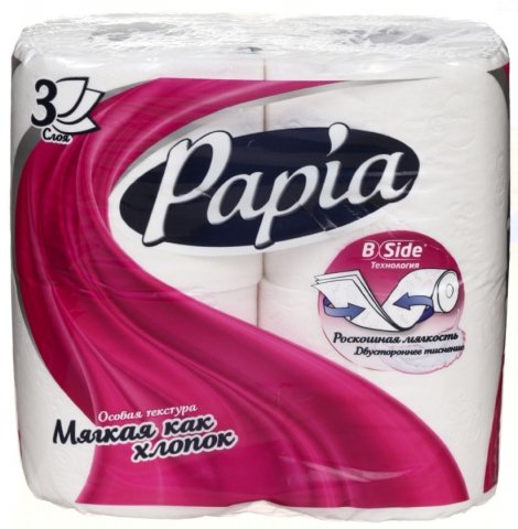 Бумага туалетная Papia 4 рулона, ширина 95 мм, белая