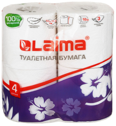 Бумага туалетная Laima, 4 рулона, ширина 90 мм, белая