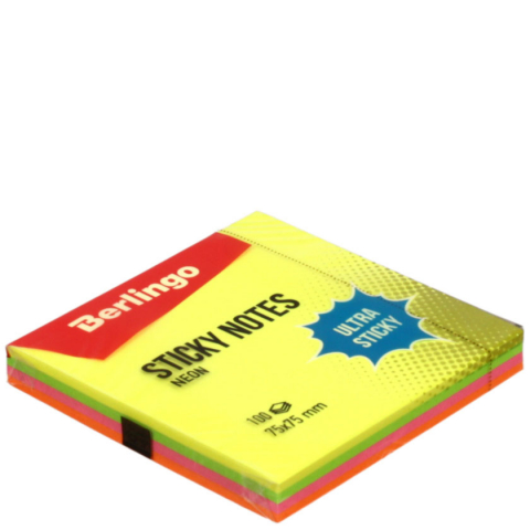 Бумага для заметок с липким краем Berlingo Ultra Sticky 75×75 мм, 1 блок×100 л., 4 цвета, неон Бумага для заметок с липким краем Berlingo Ultra Sticky 75×75 мм, 1 блок×100 л., 4 цвета, неон