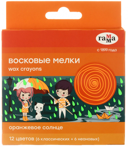 Мелки восковые «Гамма. Оранжевое солнце», 12 цветов (6 неоновых, 6 классических), диаметр 8 мм, длина 90 мм