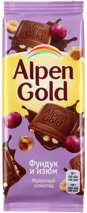 Шоколад Alpen Gold, 90 г, «Фундук и изюм», молочный шоколад