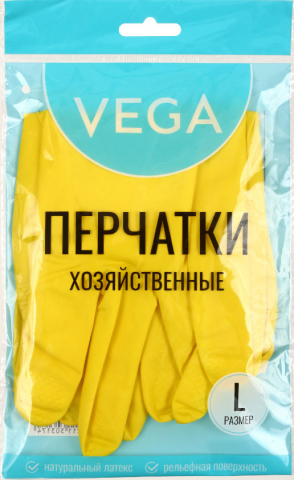 Перчатки латексные хозяйственные Vega, размер L, желтые