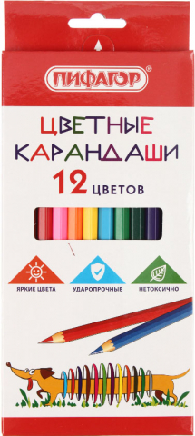 Карандаши цветные «Пифагор. Веселая такса», 12 цветов, длина 175 мм Карандаши цветные «Пифагор. Веселая такса», 12 цветов, длина 175 мм