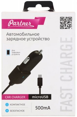 Автомобильное зарядное устройство Partner , 500 mAh, microUSB порт, черное