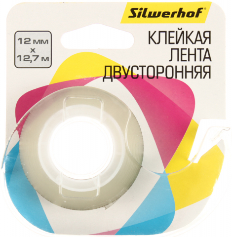 Клейкая лента двусторонняя полипропиленовая Silwerhof 12 мм×12,7 м, прозрачная, с диспенсером (90×60×15 мм)