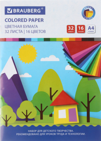 Бумага цветная односторонняя А4 Brauberg, 16 цветов, 32 л., немелованная, «Лесная сказка»