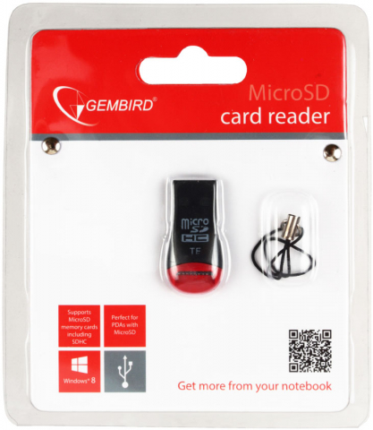 Карт-ридер Gembird USB 2.0 MicroSD, черный с красным