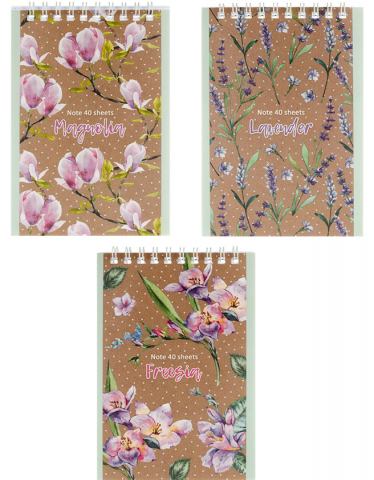 Блокнот на гребне BG А6, 100*145 мм, 40 л., клетка, Flora&Craft, ассорти