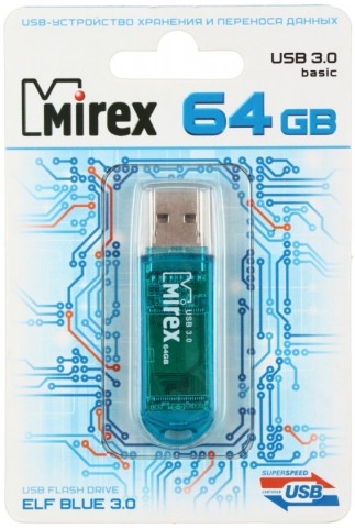 Флэш-накопитель Mirex Elf, 64Gb, USB 3.0, корпус прозрачно-голубой