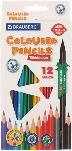 Карандаши цветные Brauberg Premium, 12 цветов + 1 шт. ч/г НВ, длина 175 мм