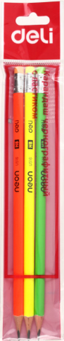 Набор карандашей чернографитных Deli Neon, 3 шт., твердость грифеля ТМ, с ластиком, корпус ассорти