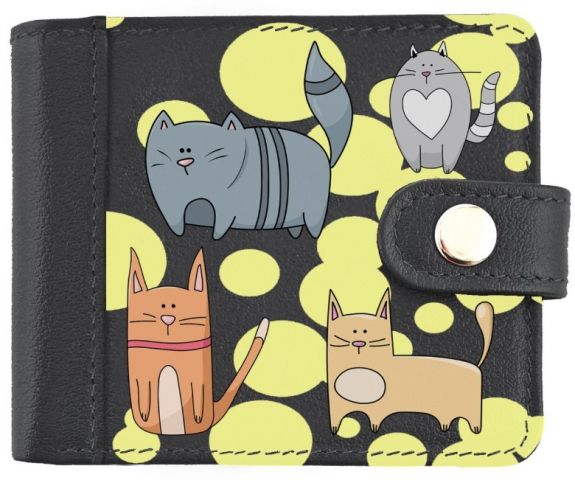 Кошелек на кнопке из натуральной кожи 11×8,5×1,5 см, «Коты и пятна», черный со вставкой