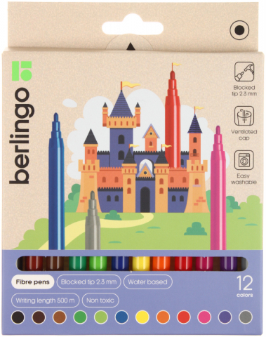 Фломастеры Berlingo смываемые «Замки», 12 цветов, толщина линии 1-2 мм, вентилируемый колпачок Фломастеры Berlingo смываемые «Замки», 12 цветов, толщина линии 1-2 мм, вентилируемый колпачок