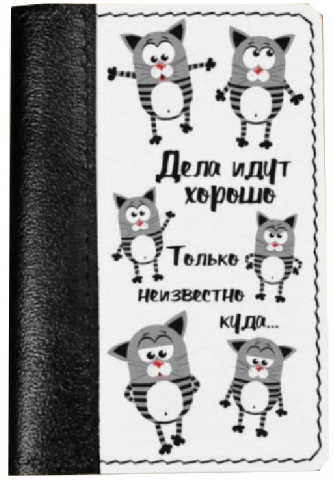 Обложка на паспорт из натуральной кожи комбинированная 13,5×9,5×0,4 см, «Кот дела идут хорошо», черно-белая