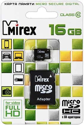 Карта памяти micro Mirex class 10, micro SDНС, class 10, 16 Gb + переходник на SD