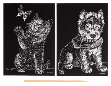 Набор для творчества «Гравюра» Sima-Land А5 (2 рисунка), «Котенок и щенок», с металлическим эффектом (серебро)