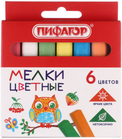 Мелки цветные «Пифагор», 6 шт., 6 цв., квадратные