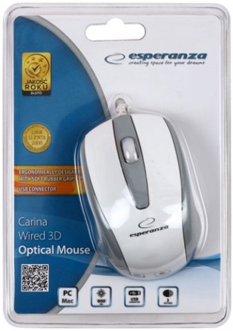 Мышь компьютерная Esperanza 3D Carina EM115, USB, проводная, белая