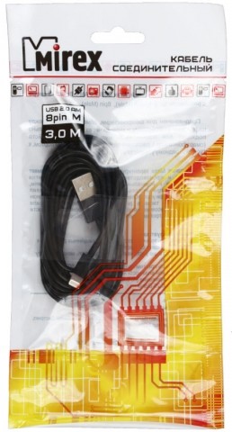 Кабель Mirex USB 2.0 AM - 8pin M, 3 м, черный Кабель Mirex USB 2.0 AM - 8pin M, 3 м, черный
