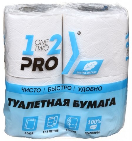 Бумага туалетная 1-2-Pro, 4 рулона, ширина 95 мм, белая