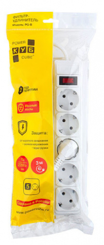 Сетевой фильтр PowerCube 10А (с заземлением, с выключателем), 5 розеток, 3 м, белый