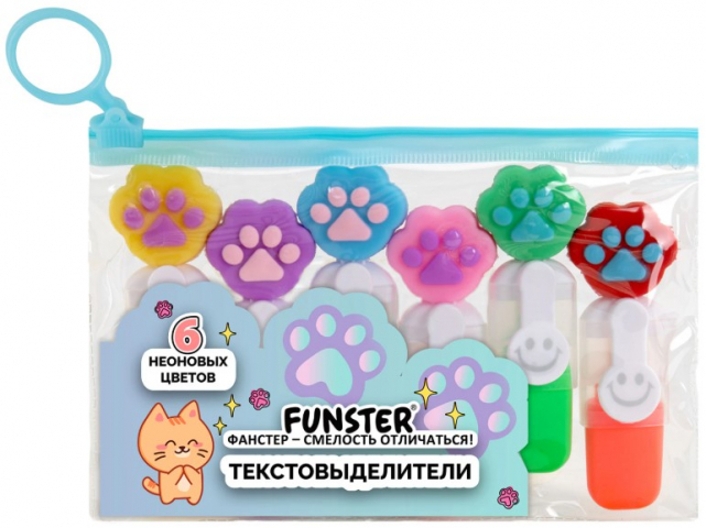 Набор маркеров-текстовыделителей Funster «Лапки» 6 цветов, неон, с топперами