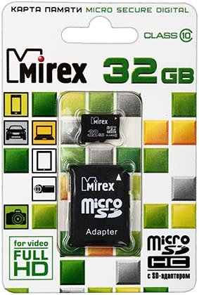 Карта памяти micro Mirex class 10, micro SDНС, class 10, 32 Gb + переходник на SD