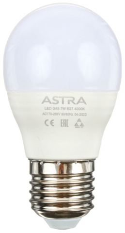 Лампа светодиодная Astra G45, 7W, 220-240V, цоколь E27, 4000К, 520 лм, холодный свет