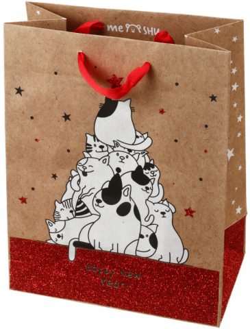 Пакет подарочный крафт Meshu 18×23×10 см, New Year Of Cats, выборочный УФ-лак, глиттер