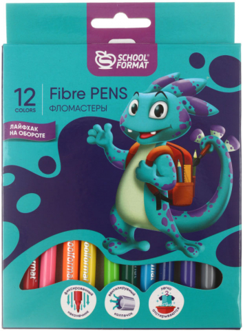 Фломастеры Schoolformat Smart Dino, 12 цветов, толщина линии 1-2 мм, вентилируемый колпачок