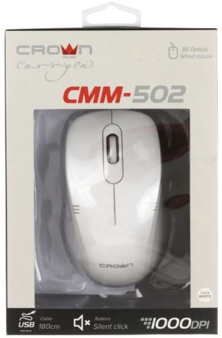 Мышь компьютерная Crown CMM-502, USB, проводная, белая