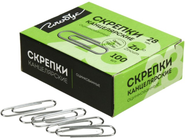 Скрепки проволочные «Глобус» 28 мм, 100 шт., округлые, оцинкованные Скрепки проволочные «Глобус» 28 мм, 100 шт., округлые, оцинкованные