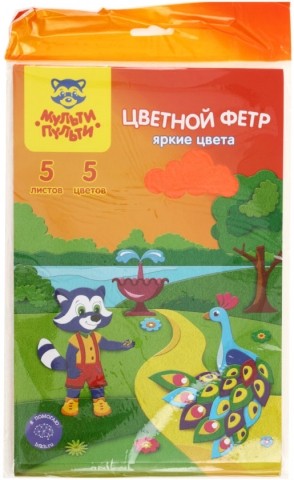 Фетр цветной для рукоделия «Приключения Енота», А4 (195*295 мм), 2 мм, 5л., 5 цв.