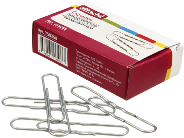 Скрепки проволочные Attache 75 мм, 40 шт., округлые, гофрированные Скрепки проволочные Attache 75 мм, 40 шт., округлые, гофрированные