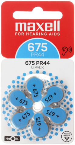 Батарейка воздушно-цинковая Maxell для слуховых аппаратов, PR44 (675), 1.45V, 6 шт.