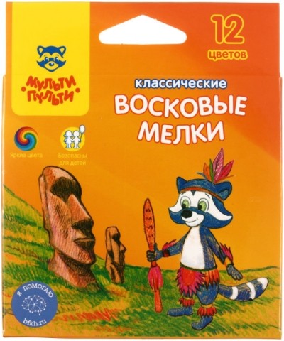 Мелки восковые «Енот на острове Пасхи», 12 цветов, 12 шт., диаметр 8 мм, длина 90 мм