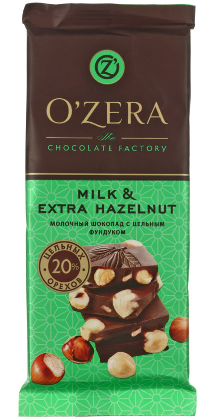 Шоколад O'Zera, 90 г, Milk&Extra Hazelnut, молочный шоколад с цельным фундуком