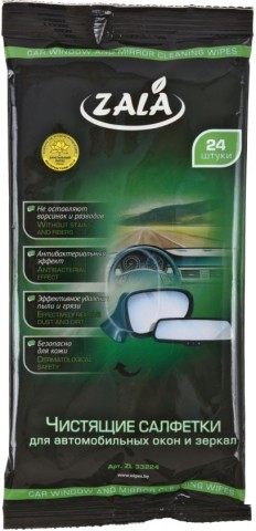 Салфетки влажные для автомобильных окон и зеркал Zala, 24 шт. 