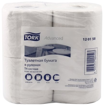 Бумага туалетная Tork «Адванс», 4 рулона, ширина 95 мм, белая Бумага туалетная Tork «Адванс», 4 рулона, ширина 95 мм, белая