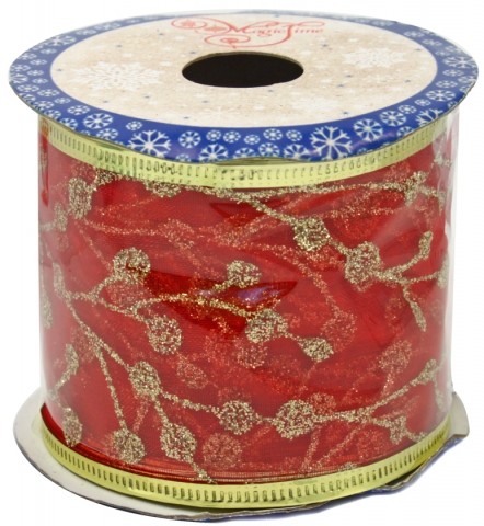 Лента упаковочная новогодняя «Феникс Презент», 270*6,3 см, «Золотистые ветви на красном»